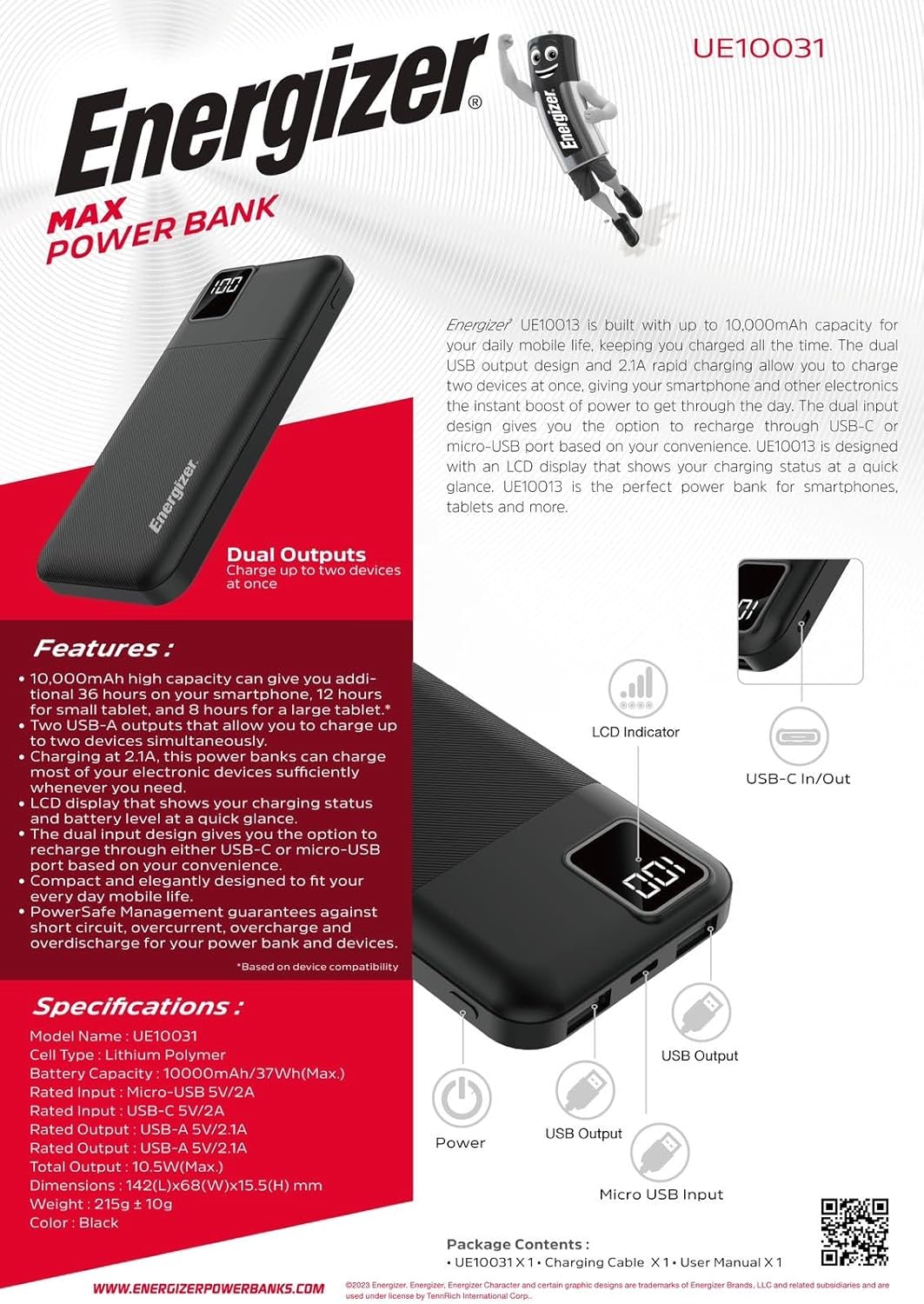 Energizer Power bank 10000mah Dual outputs Black UE10031 - Image 2