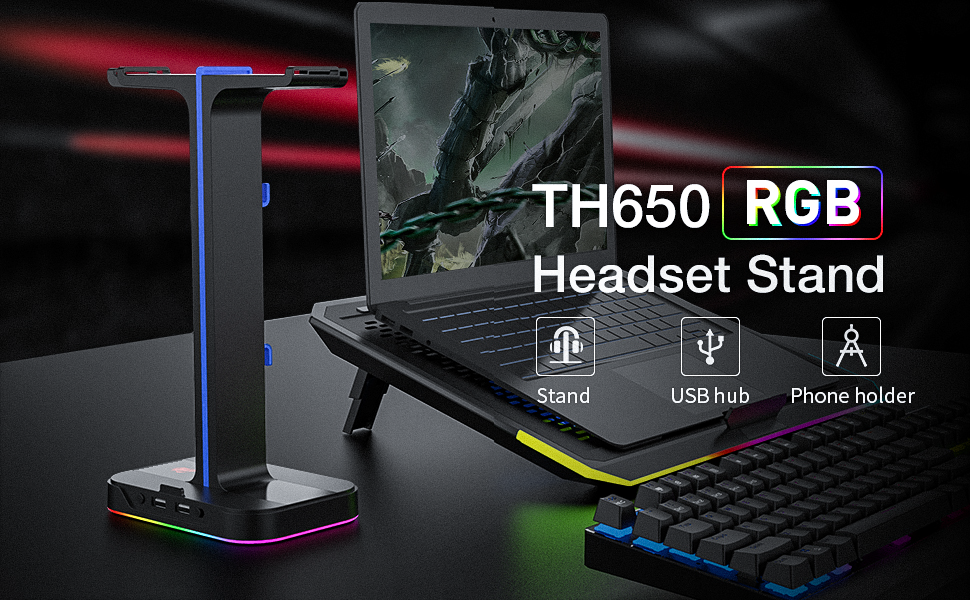 Havit TH650 RGB Gaming Headset Stand Desk with Dual Hanger Base with Phone Holder & 2 USB Ports - Image 2