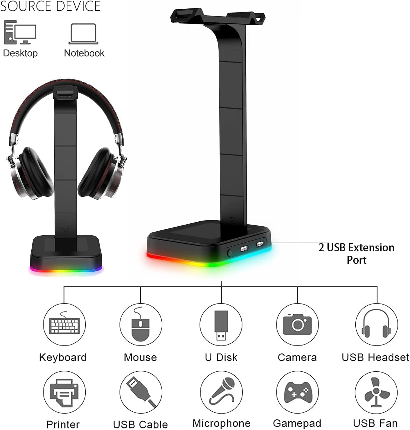 Havit TH650 RGB Gaming Headset Stand Desk with Dual Hanger Base with Phone Holder & 2 USB Ports - Image 7