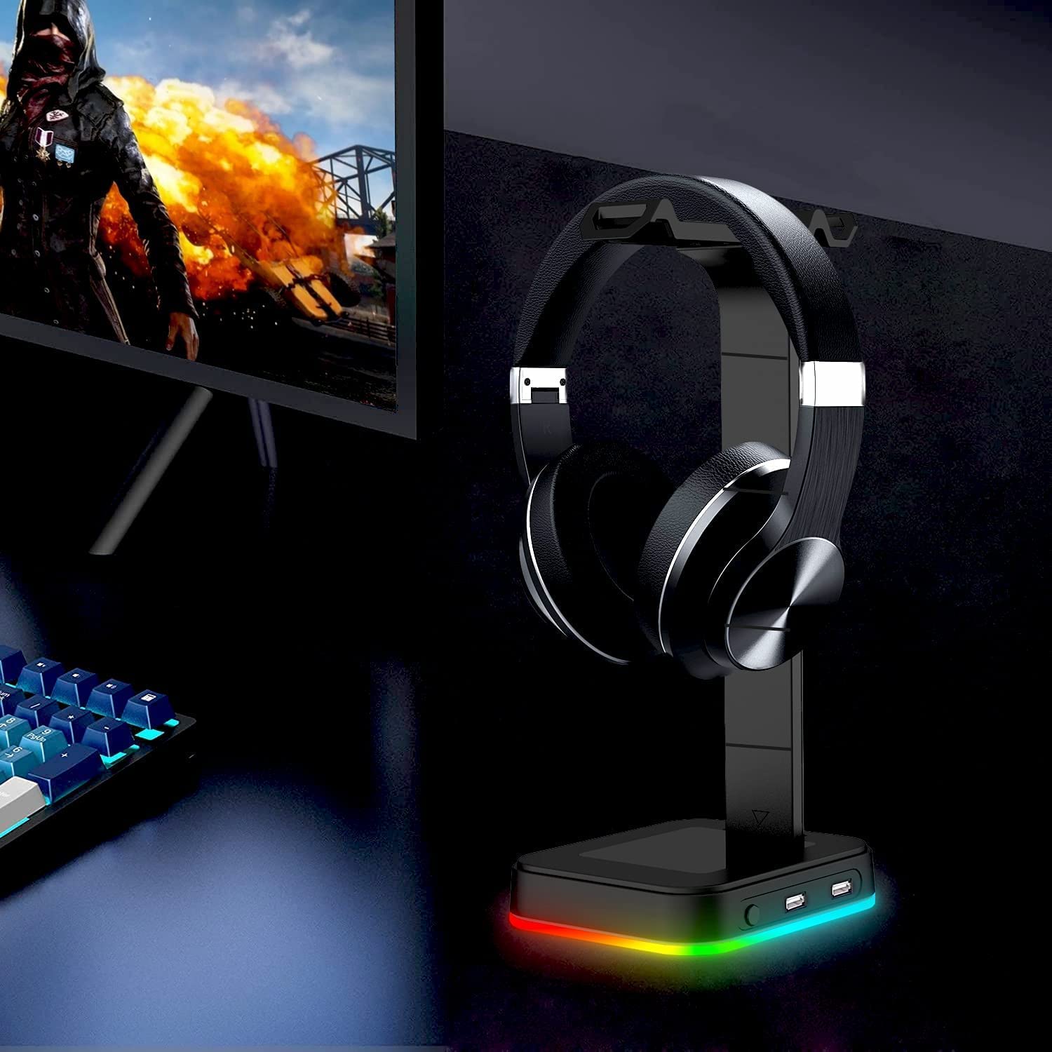 Havit TH650 RGB Gaming Headset Stand Desk with Dual Hanger Base with Phone Holder & 2 USB Ports - Image 3