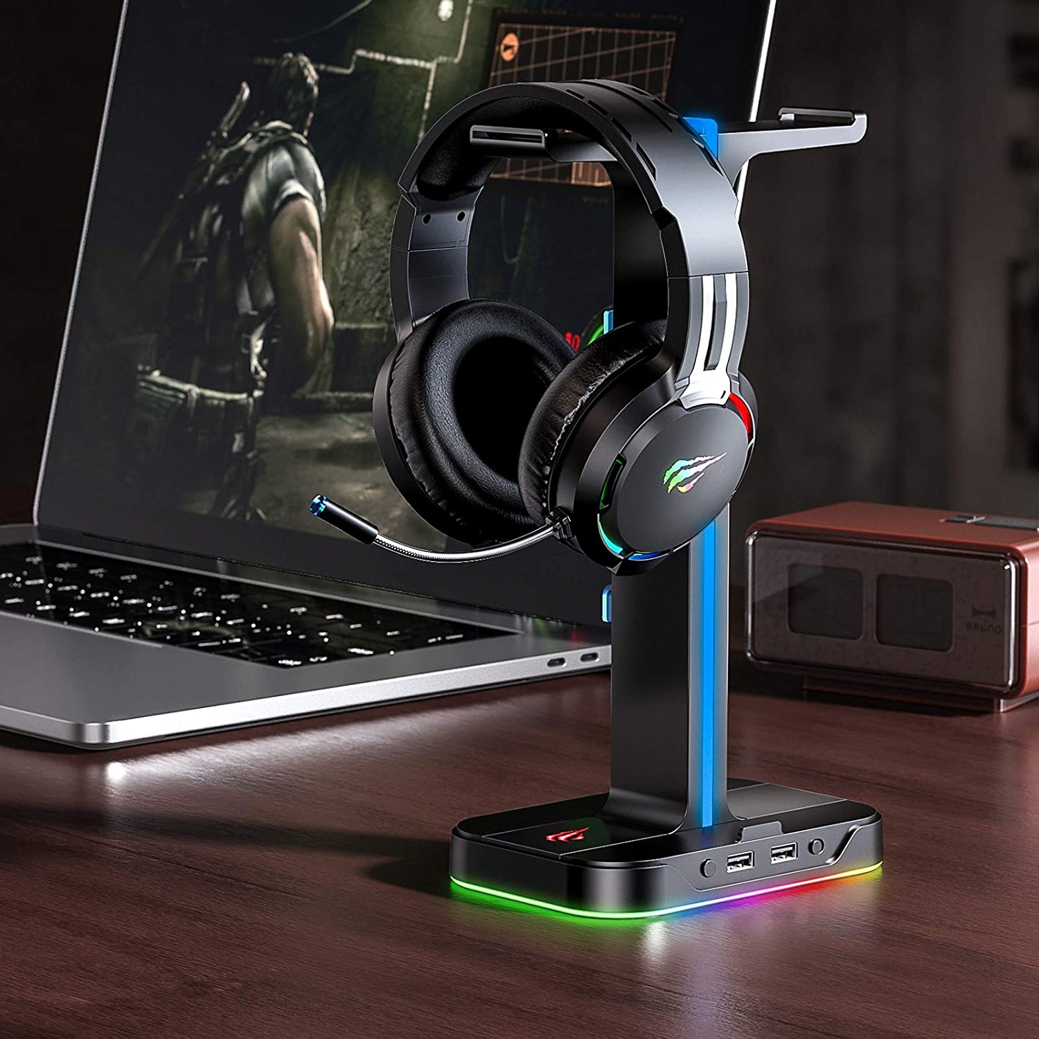 Havit TH650 RGB Gaming Headset Stand Desk with Dual Hanger Base with Phone Holder & 2 USB Ports - Image 6